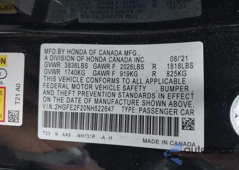 2022 Honda Civic Lx из США, поврежденный, VIN 2HGFE2F20NH522647